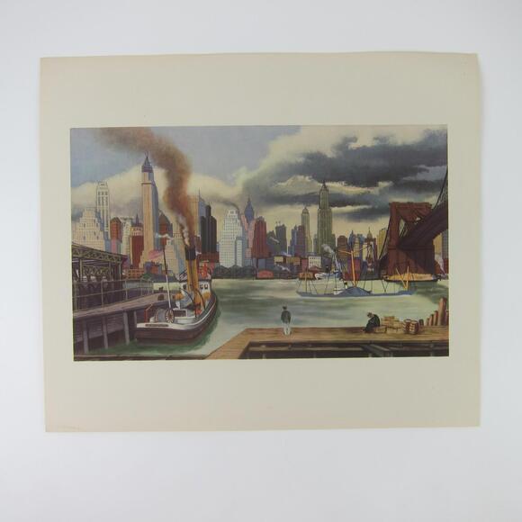 Vintage Art Print Ernest Fiene Manhattan Waterfront American Federation of Arts